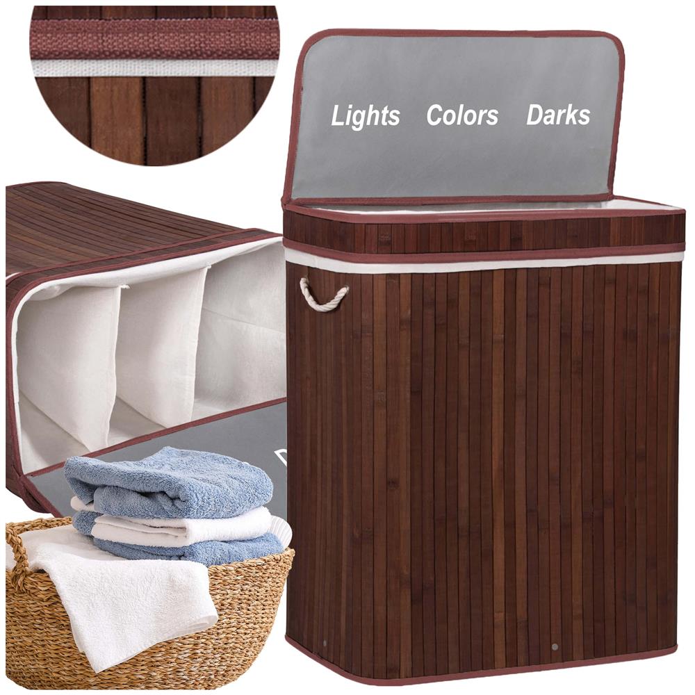 Cos de rufe cu capac si 3 compartimente, sac textil detasabil, 100 litri, 51x32x63 cm, maro - imagine 10