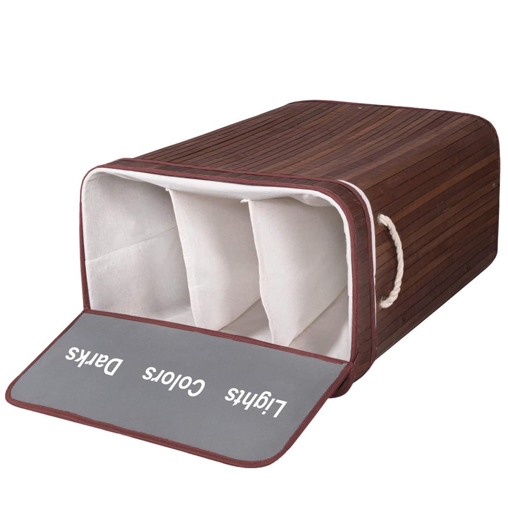 Cos de rufe cu capac si 3 compartimente, sac textil detasabil, 100 litri, 51x32x63 cm, maro - imagine 11