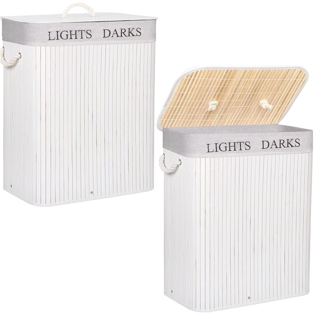 Cos de rufe cu capac si 2 compartimente, sac textil detasabil, 100 litri, 52x33x63 cm, alb si bej - imagine 2