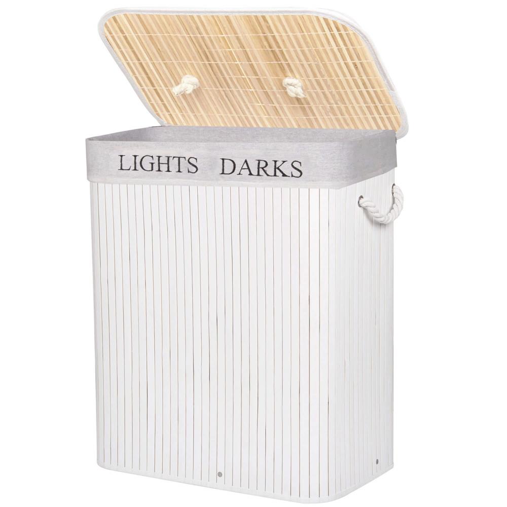 Cos de rufe cu capac si 2 compartimente, sac textil detasabil, 100 litri, 52x33x63 cm, alb si bej - imagine 3