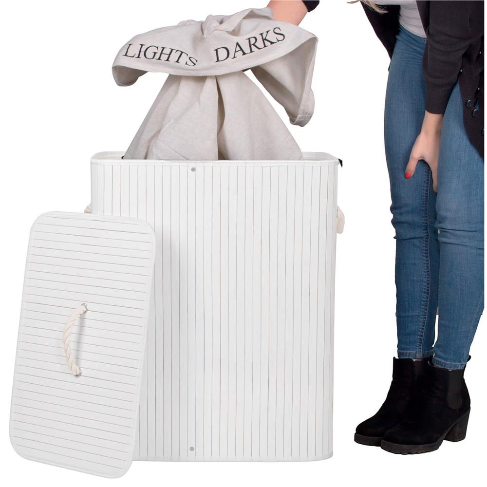 Cos de rufe cu capac si 2 compartimente, sac textil detasabil, 100 litri, 52x33x63 cm, alb si bej - imagine 5