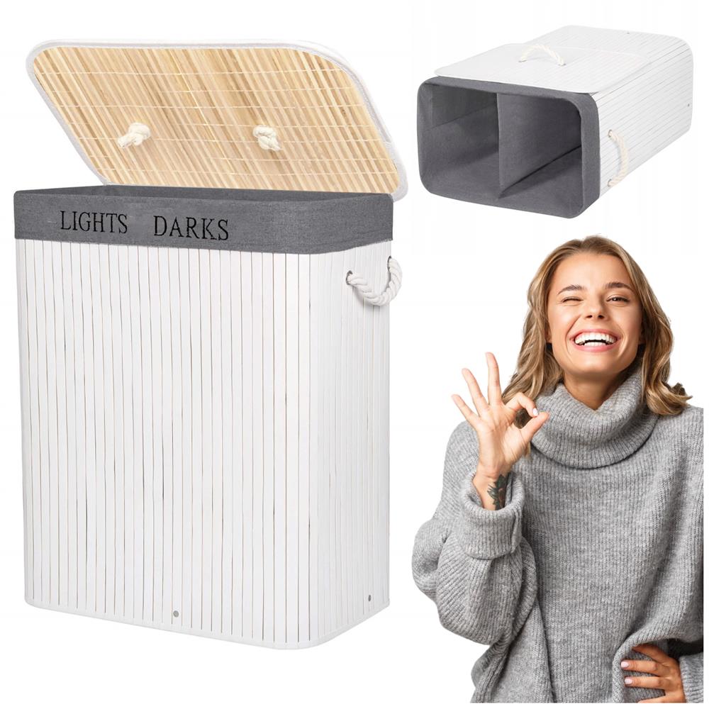 Cos de rufe cu capac si 2 compartimente, sac textil detasabil, 100 litri, 52x33x63 cm, alb si gri - imagine 3