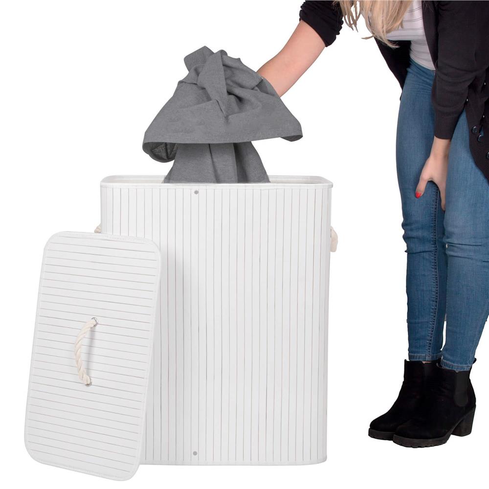 Cos de rufe cu capac si 2 compartimente, sac textil detasabil, 100 litri, 52x33x63 cm, alb si gri - imagine 6