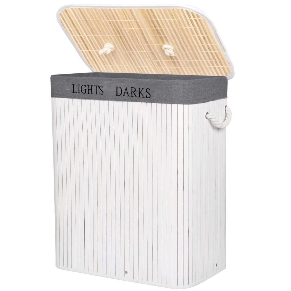 Cos de rufe cu capac si 2 compartimente, sac textil detasabil, 100 litri, 52x33x63 cm, alb si gri - imagine 9