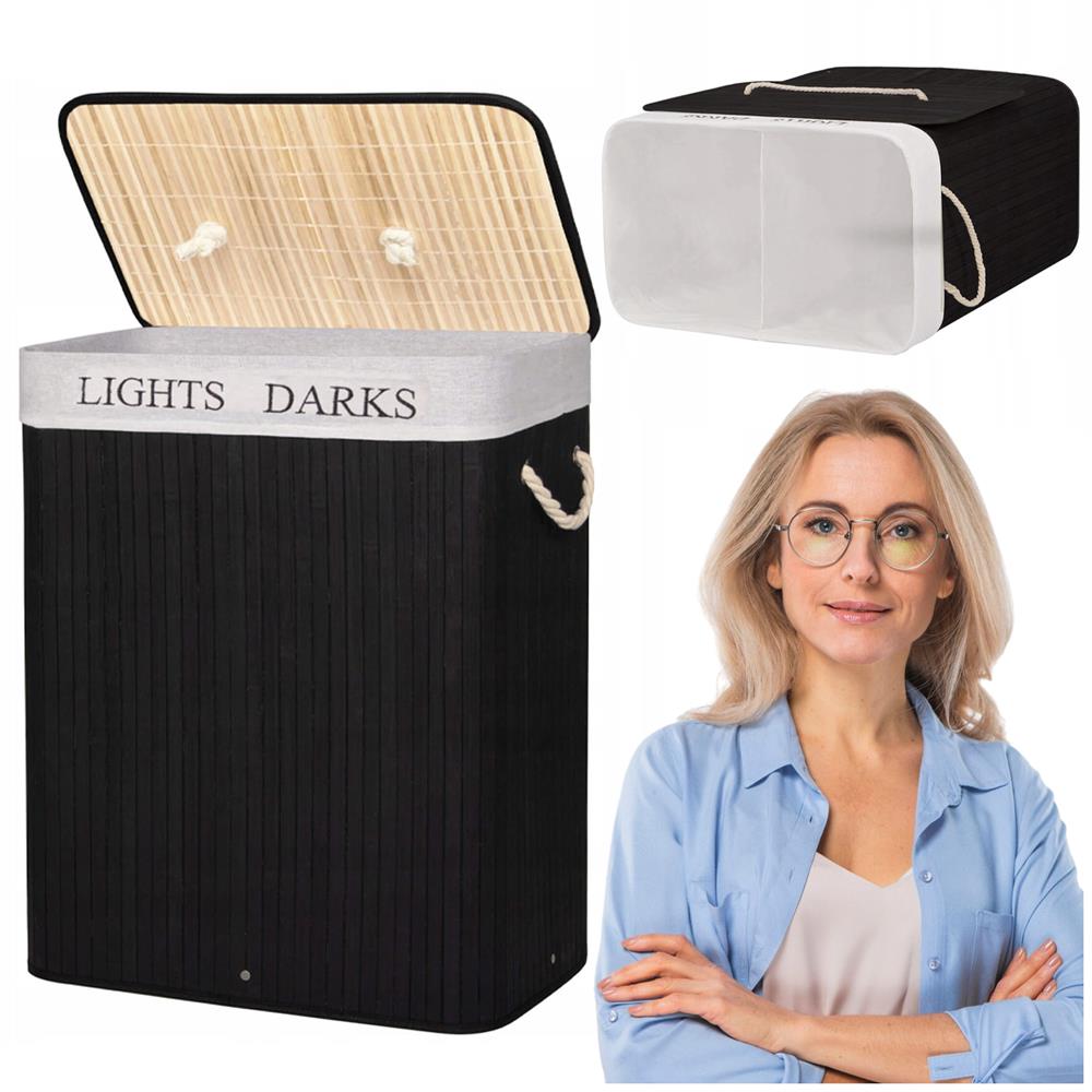 Cos de rufe cu capac si 2 compartimente, sac textil detasabil, 100 litri, 52x33x63 cm, negru - imagine 7