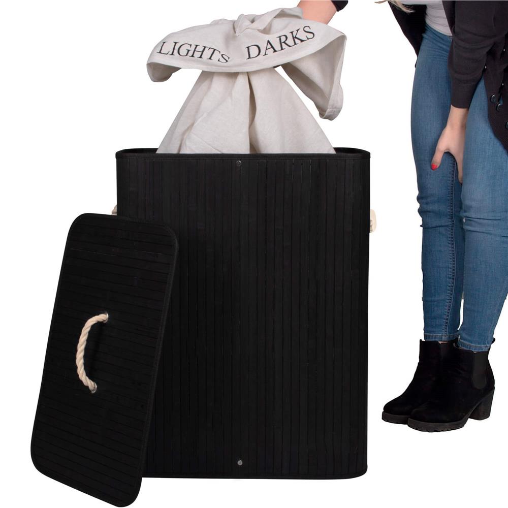 Cos de rufe cu capac si 2 compartimente, sac textil detasabil, 100 litri, 52x33x63 cm, negru - imagine 8