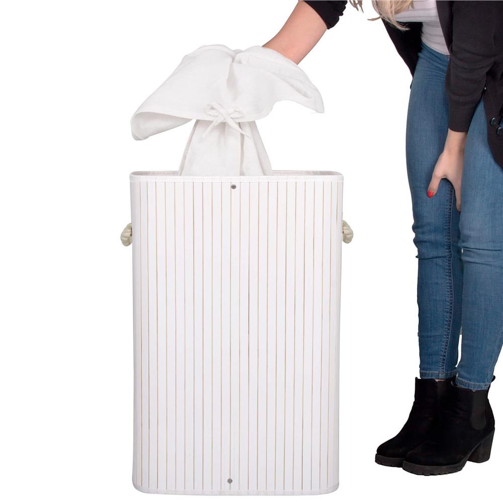 Cos de rufe cu capac, din bambus cu sac textil detasabil, 72 litri, 40x28x60 cm, alb - imagine 6