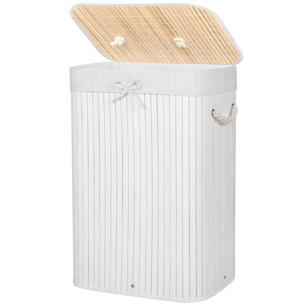 Cos de rufe cu capac, din bambus cu sac textil detasabil, 72 litri, 40x28x60 cm, alb - imagine 7