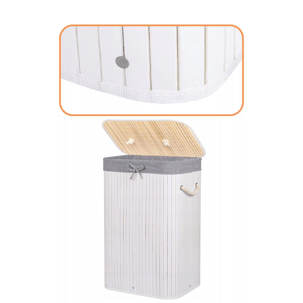 Cos de rufe cu capac, din bambus cu sac textil detasabil, 72 litri, 40x28x60 cm, alb si gri - imagine 3