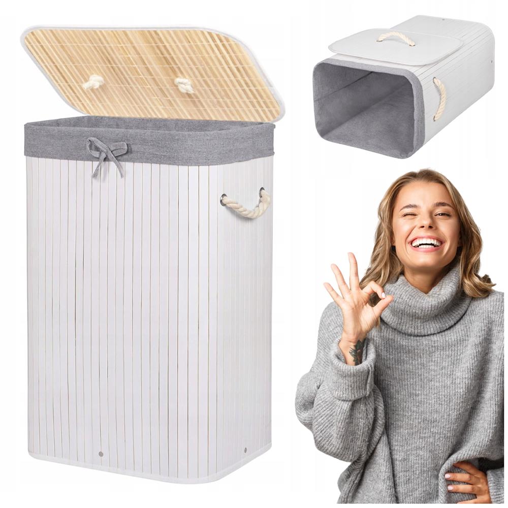 Cos de rufe cu capac, din bambus cu sac textil detasabil, 72 litri, 40x28x60 cm, alb si gri - imagine 5