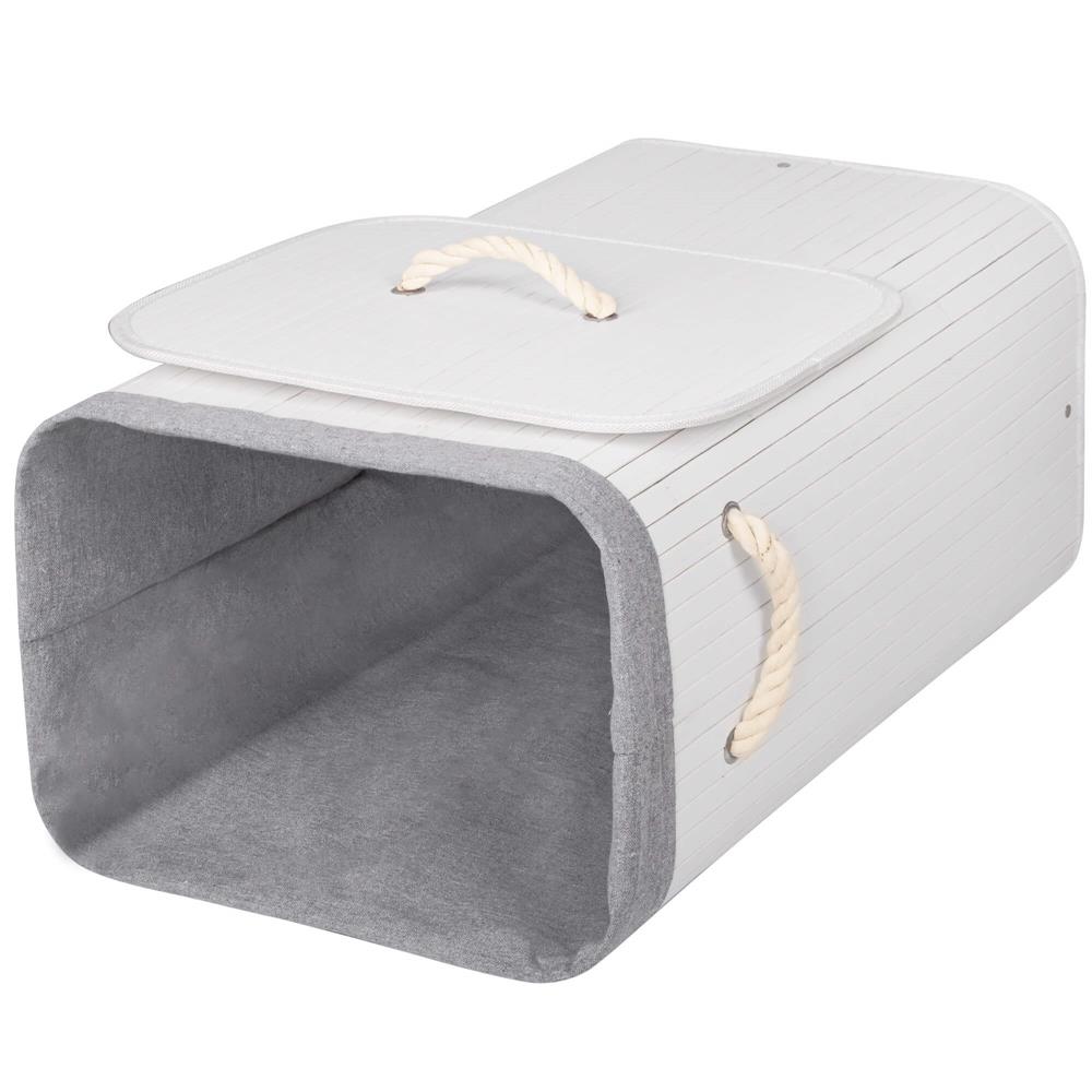 Cos de rufe cu capac, din bambus cu sac textil detasabil, 72 litri, 40x28x60 cm, alb si gri - imagine 4