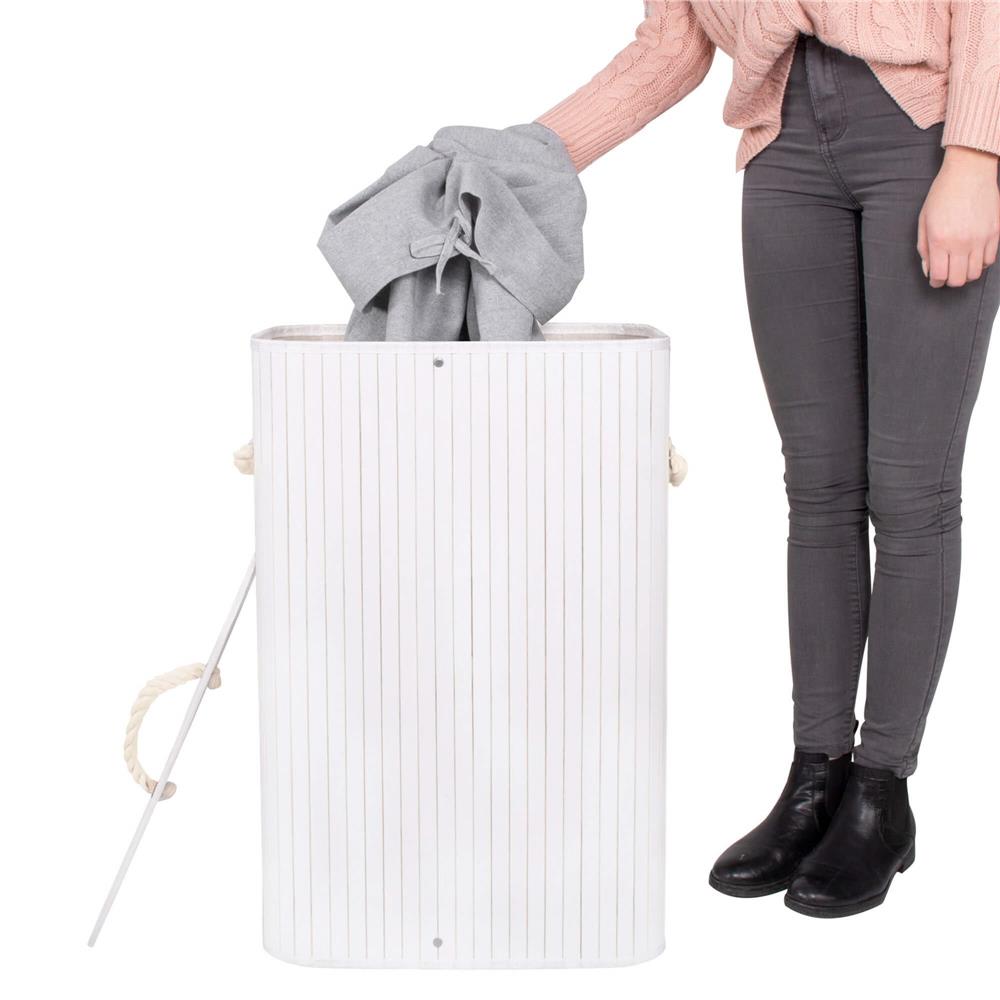 Cos de rufe cu capac, din bambus cu sac textil detasabil, 72 litri, 40x28x60 cm, alb si gri - imagine 8