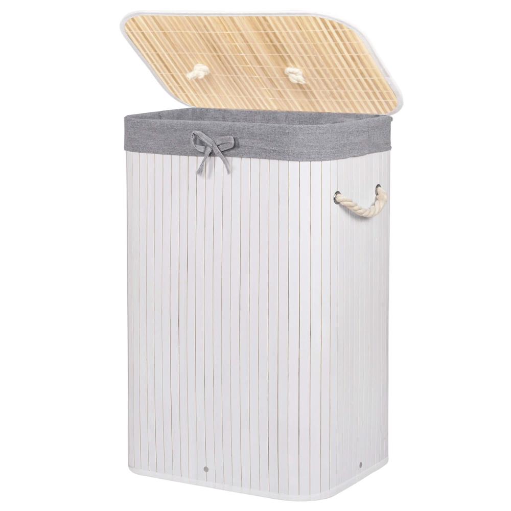 Cos de rufe cu capac, din bambus cu sac textil detasabil, 72 litri, 40x28x60 cm, alb si gri - imagine 9