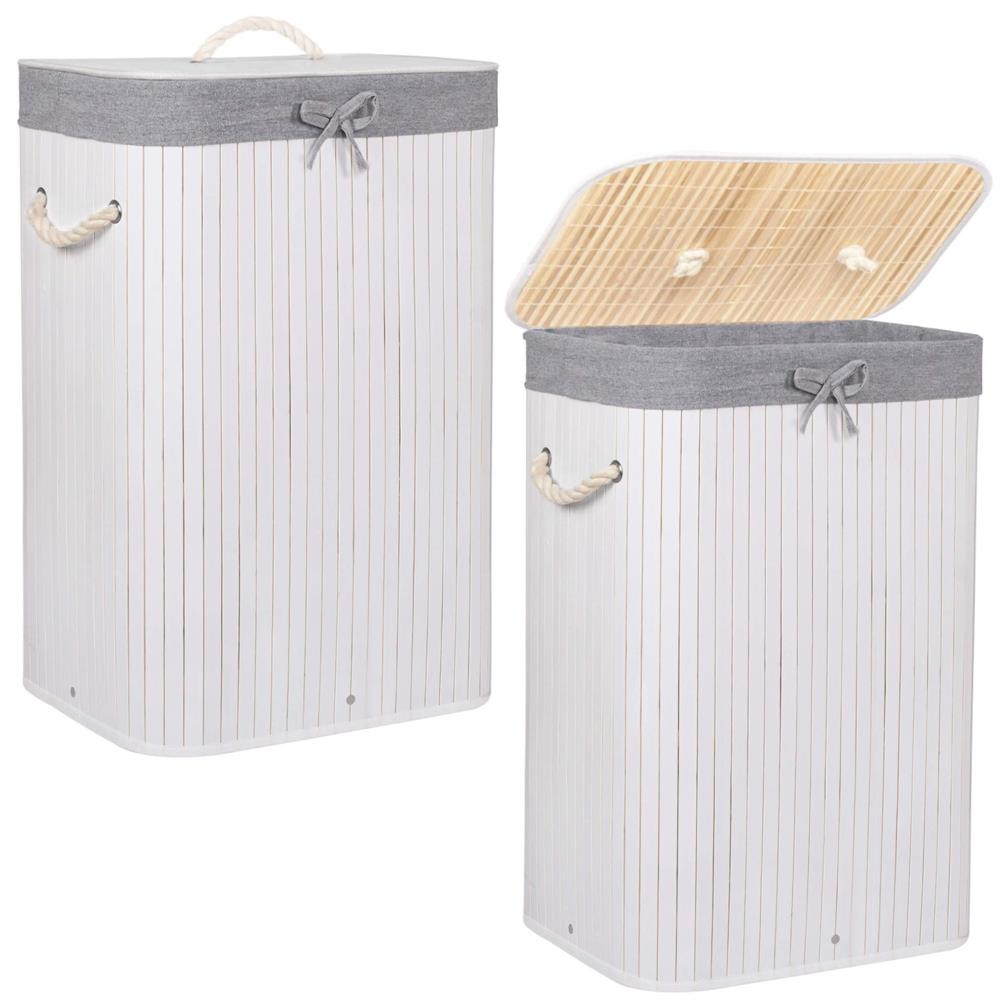 Cos de rufe cu capac, din bambus cu sac textil detasabil, 72 litri, 40x28x60 cm, alb si gri - imagine 10