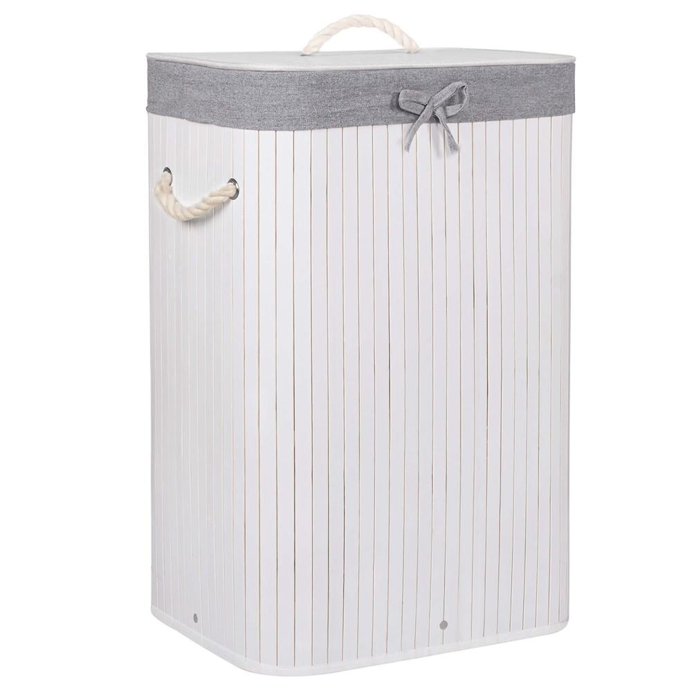 Cos de rufe cu capac, din bambus cu sac textil detasabil, 72 litri, 40x28x60 cm, alb si gri - imagine 11