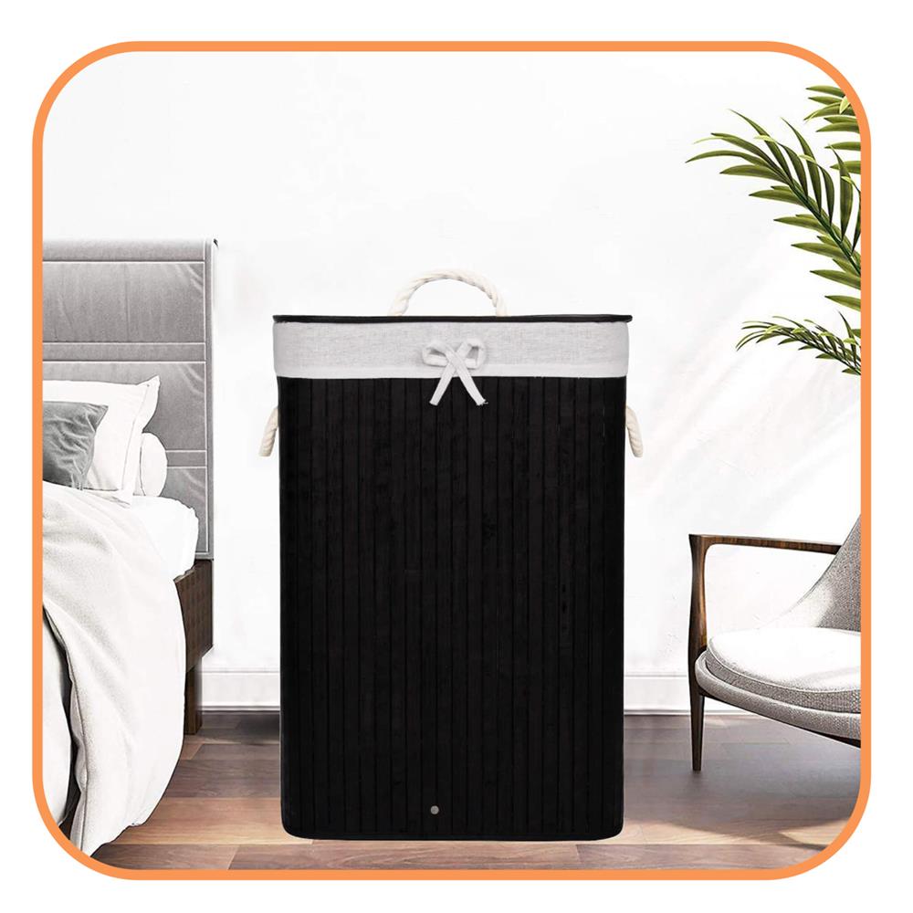 Cos de rufe cu capac, din bambus cu sac textil detasabil, 72 litri, 40x30x60 cm, negru - imagine 5