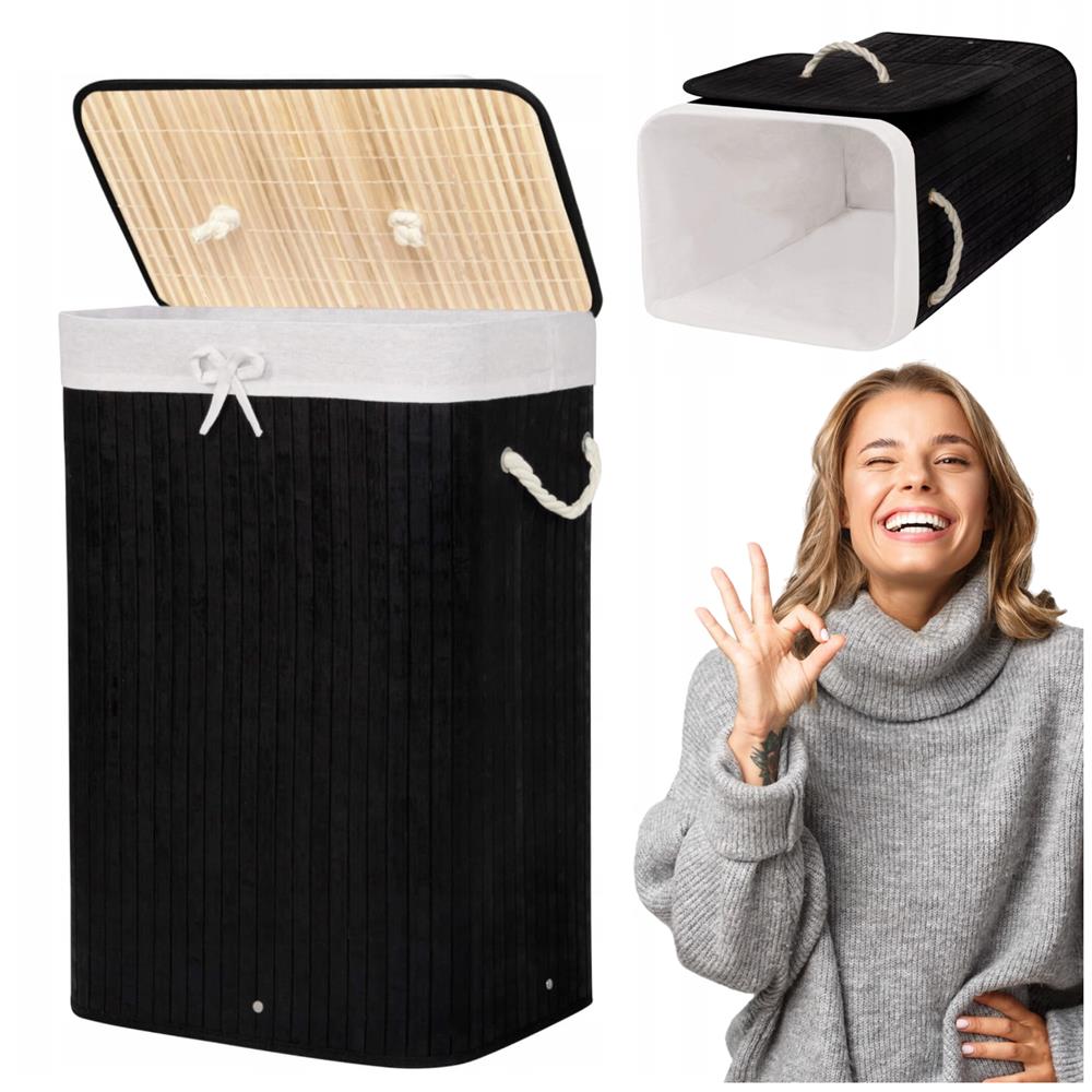 Cos de rufe cu capac, din bambus cu sac textil detasabil, 72 litri, 40x30x60 cm, negru - imagine 9