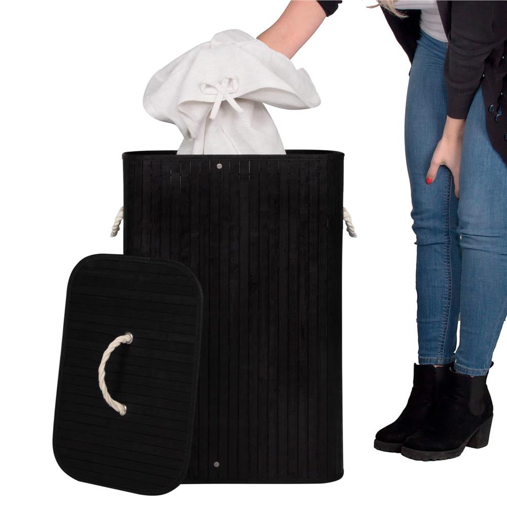 Cos de rufe cu capac, din bambus cu sac textil detasabil, 72 litri, 40x30x60 cm, negru - imagine 11