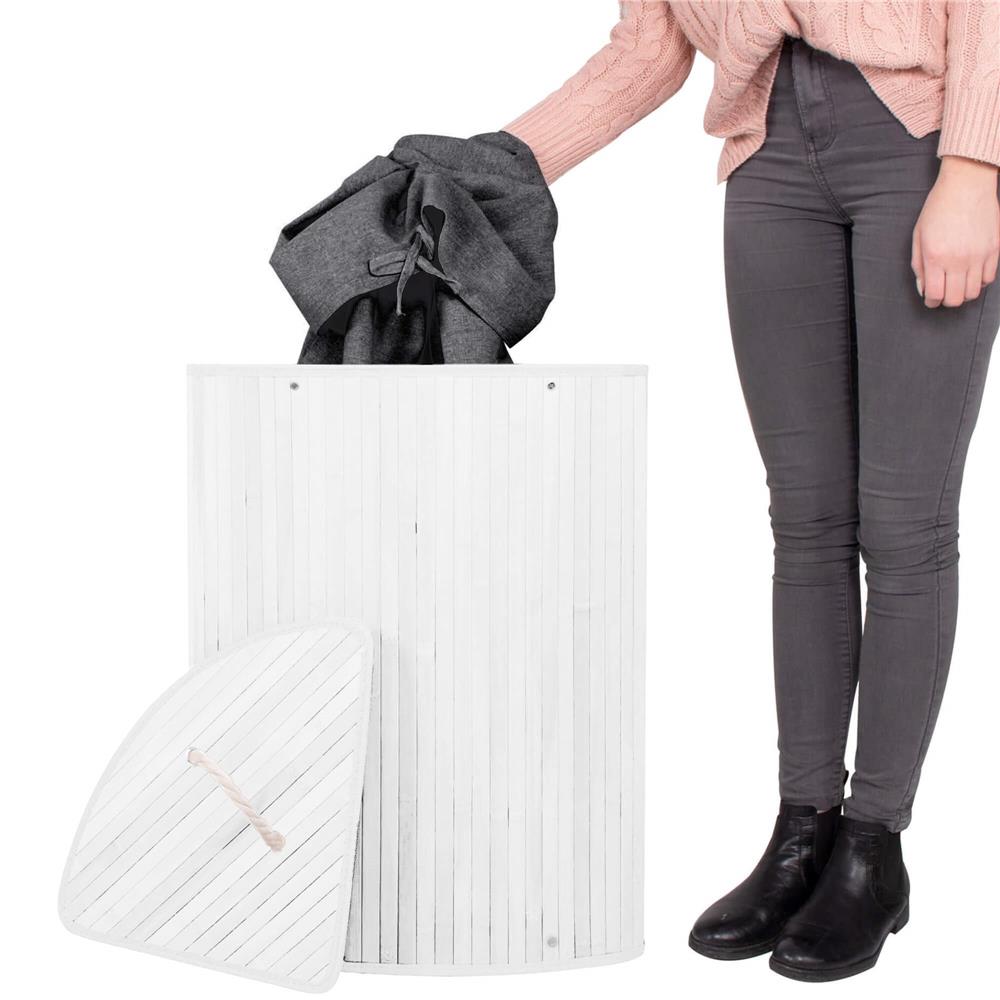 Cos de rufe triunghiular pentru colt cu capac, bambus si sac textil detasabil, 60 litri, 55x35x60 cm, alb si gri - imagine 2