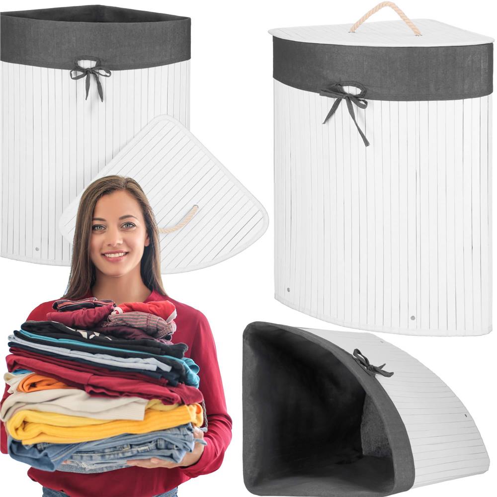 Cos de rufe triunghiular pentru colt cu capac, bambus si sac textil detasabil, 60 litri, 55x35x60 cm, alb si gri - imagine 11