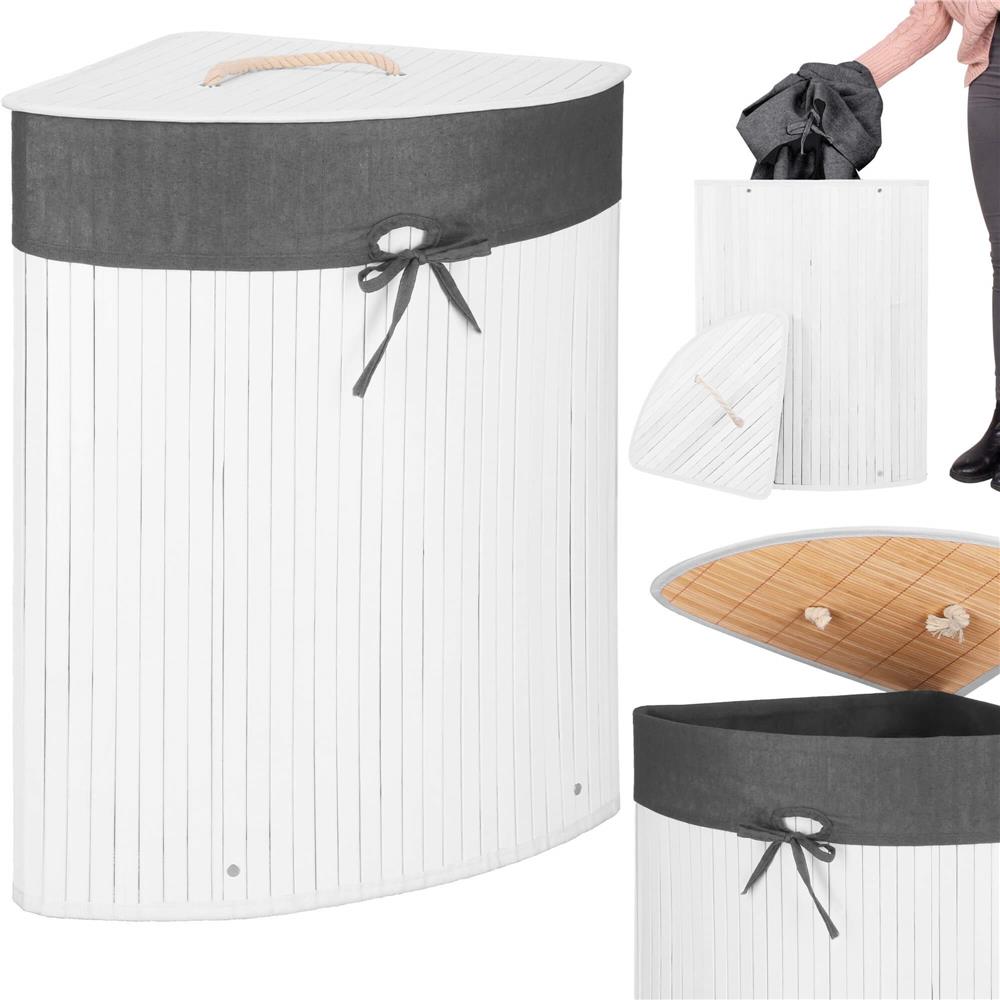 Cos de rufe triunghiular pentru colt cu capac, bambus si sac textil detasabil, 60 litri, 55x35x60 cm, alb si gri - imagine 12