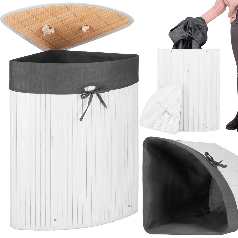 Cos de rufe triunghiular pentru colt cu capac, bambus si sac textil detasabil, 60 litri, 55x35x60 cm, alb si gri - imagine 13