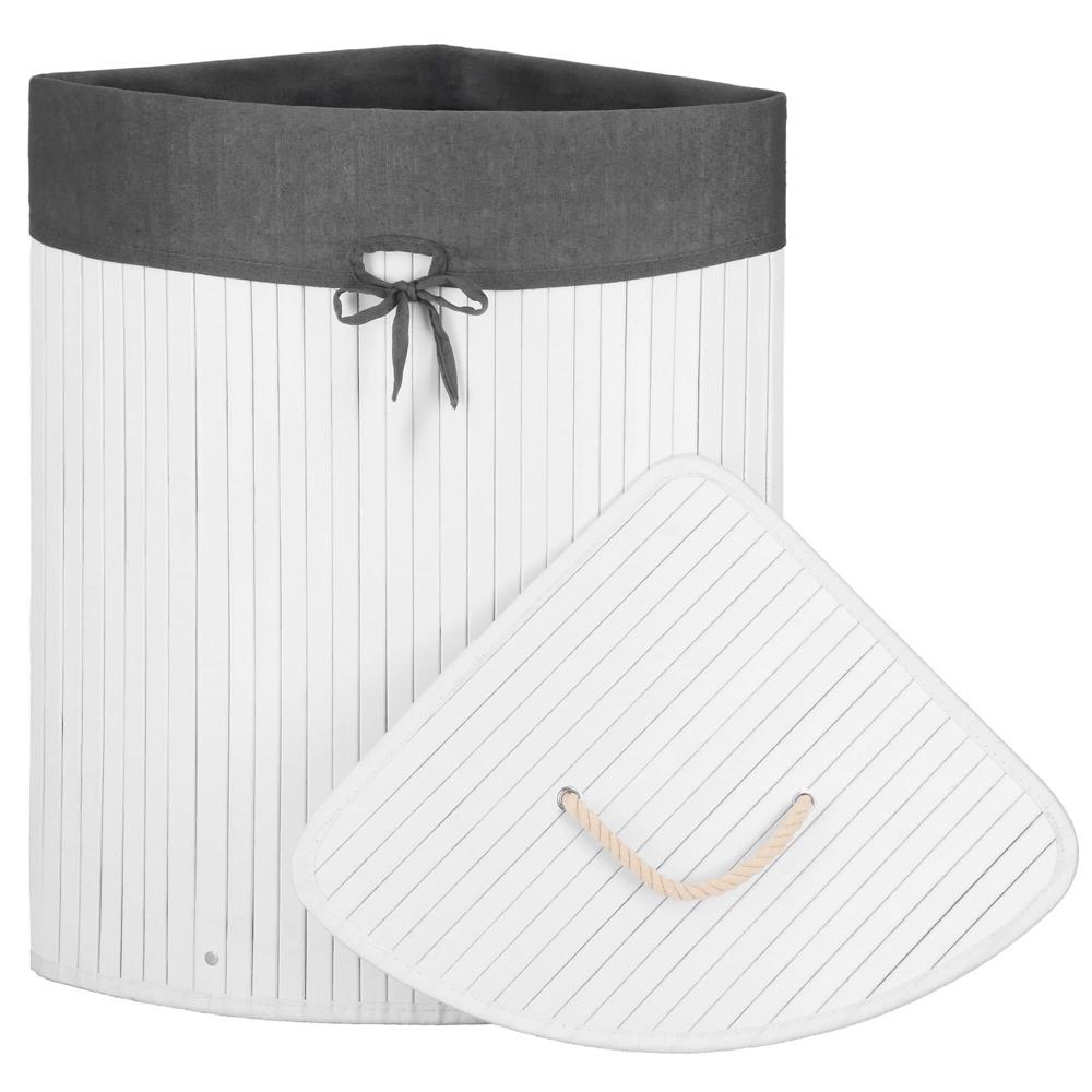 Cos de rufe triunghiular pentru colt cu capac, bambus si sac textil detasabil, 60 litri, 55x35x60 cm, alb si gri - imagine 17