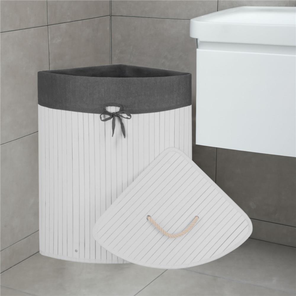 Cos de rufe triunghiular pentru colt cu capac, bambus si sac textil detasabil, 60 litri, 55x35x60 cm, alb si gri - imagine 23