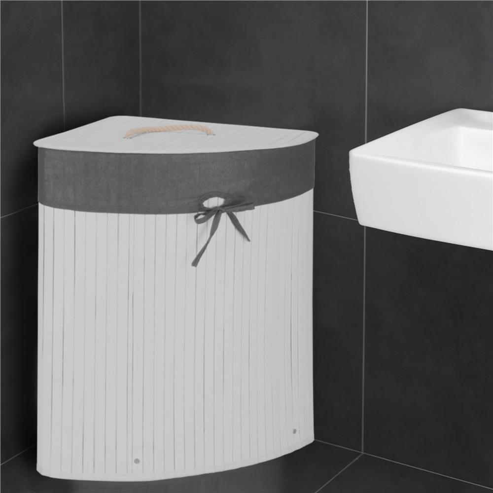 Cos de rufe triunghiular pentru colt cu capac, bambus si sac textil detasabil, 60 litri, 55x35x60 cm, alb si gri - imagine 24