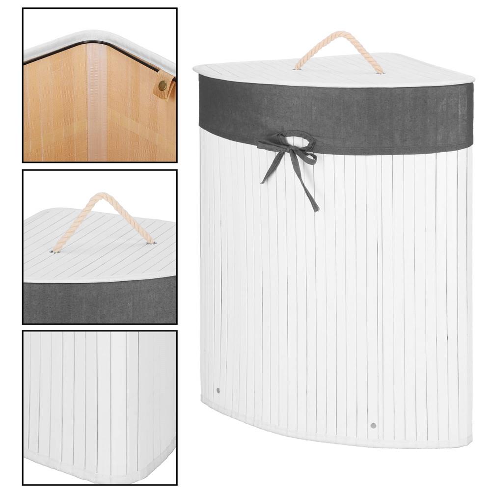 Cos de rufe triunghiular pentru colt cu capac, bambus si sac textil detasabil, 60 litri, 55x35x60 cm, alb si gri - imagine 5
