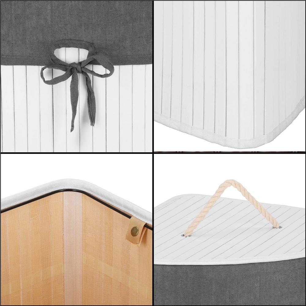 Cos de rufe triunghiular pentru colt cu capac, bambus si sac textil detasabil, 60 litri, 55x35x60 cm, alb si gri - imagine 6