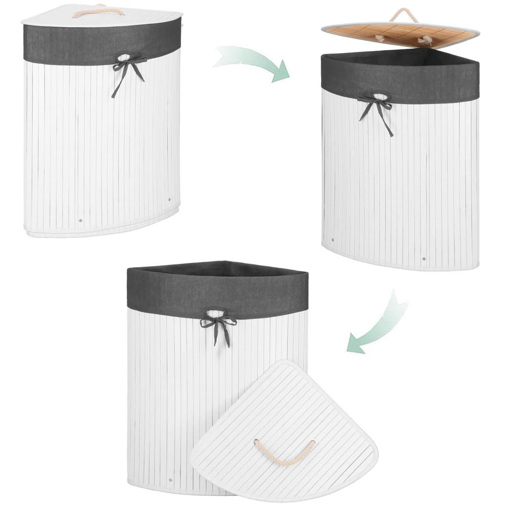 Cos de rufe triunghiular pentru colt cu capac, bambus si sac textil detasabil, 60 litri, 55x35x60 cm, alb si gri - imagine 7