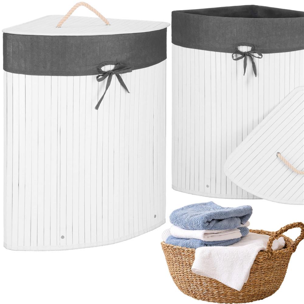Cos de rufe triunghiular pentru colt cu capac, bambus si sac textil detasabil, 60 litri, 55x35x60 cm, alb si gri - imagine 8
