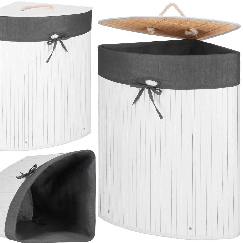 Cos de rufe triunghiular pentru colt cu capac, bambus si sac textil detasabil, 60 litri, 55x35x60 cm, alb si gri - imagine 9