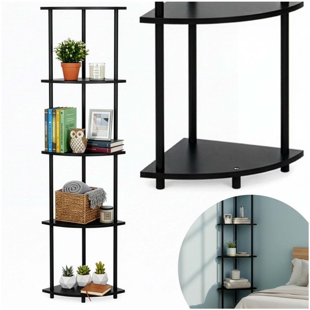 Raft de colt cu 5 polite, MDF, cadru metalic, 148x30x30 cm, negru - imagine 5