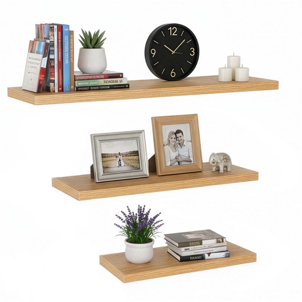 Set 3 rafturi plutitoare decorative de perete, din MDF cu suport metalic, 30, 45 si 60 cm, maro - imagine 5