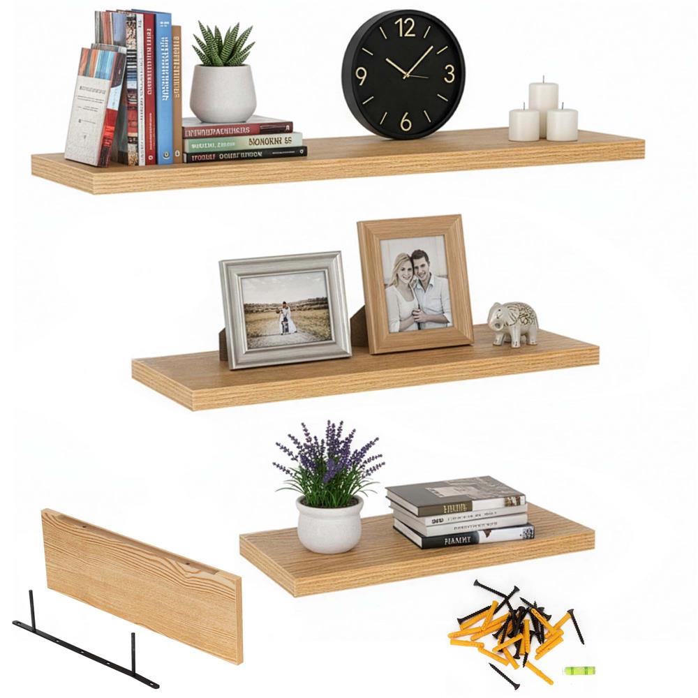 Set 3 rafturi plutitoare decorative de perete, din MDF cu suport metalic, 30, 45 si 60 cm, maro - imagine 7