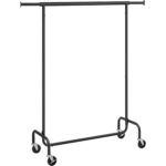 SONGMICS Suport pentru haine extensibil pe roti, bara reglabila 110-150 cm, stil industrial, 150x45x160 cm, negru