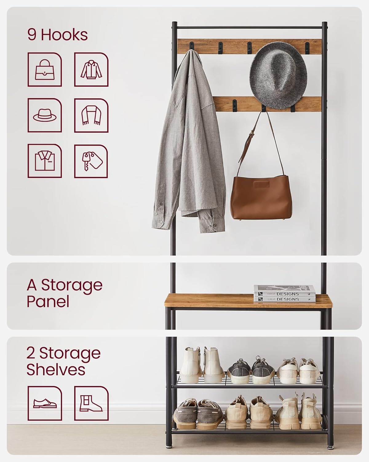 VASAGLE Cuier hol 3 in 1 cu banca si raft pantofi, cadru metalic si PAL, 70x32x177 cm, maro nuc si negru - imagine 3