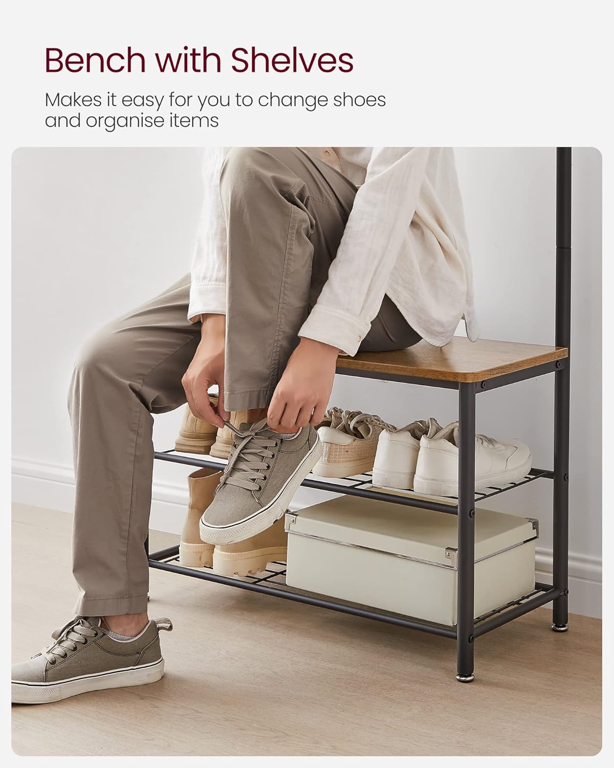 VASAGLE Cuier hol 3 in 1 cu banca si raft pantofi, cadru metalic si PAL, 70x32x177 cm, maro nuc si negru - imagine 5