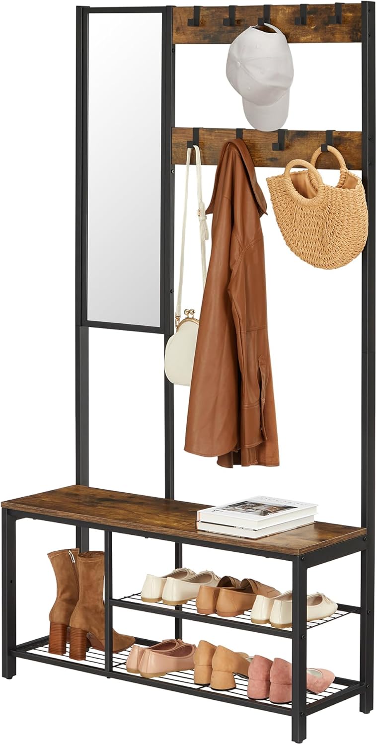 VASAGLE Cuier pentru hol cu oglinda si 9 carlige detasabile, structura metalica, stil industrial, 98x36x185 cm, maro rustic - imagine 4