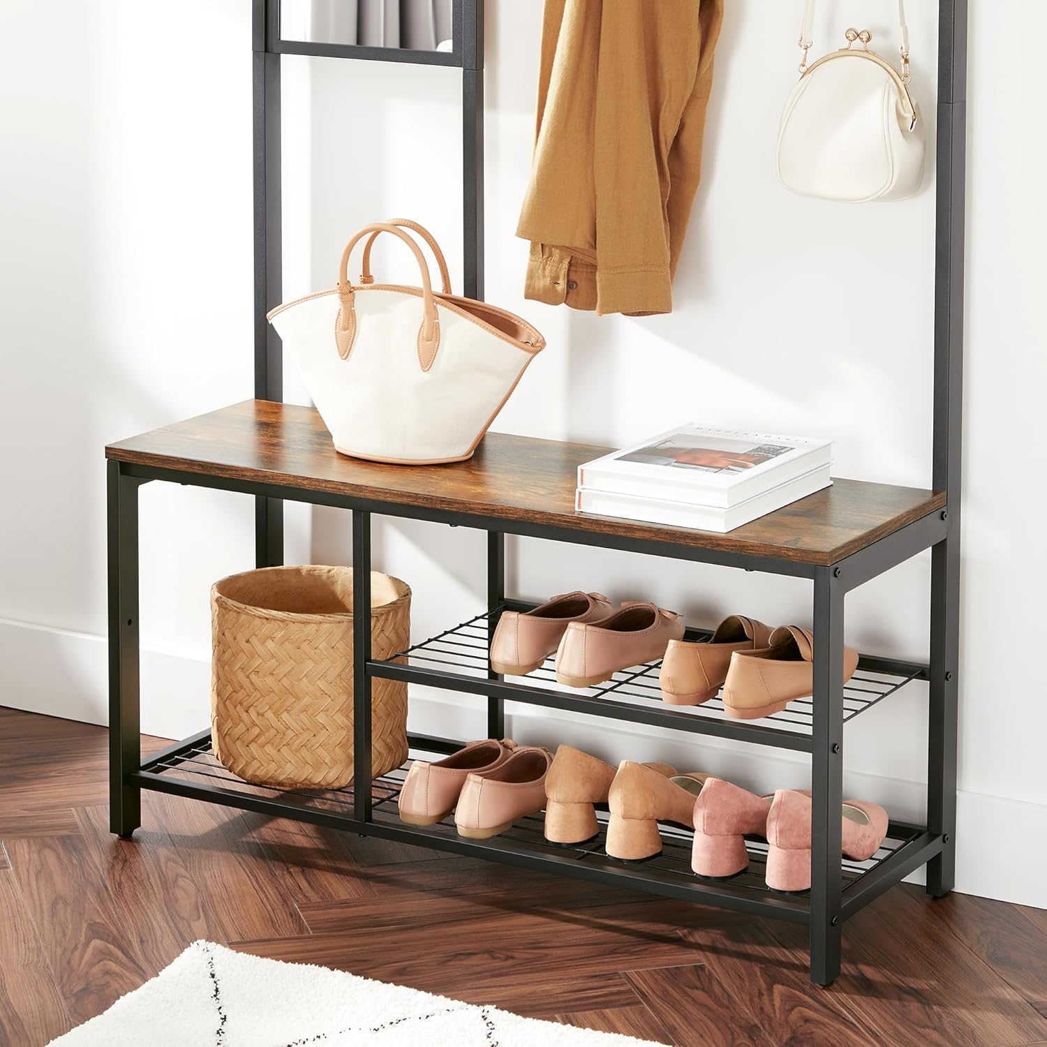 VASAGLE Cuier pentru hol cu oglinda si 9 carlige detasabile, structura metalica, stil industrial, 98x36x185 cm, maro rustic - imagine 7