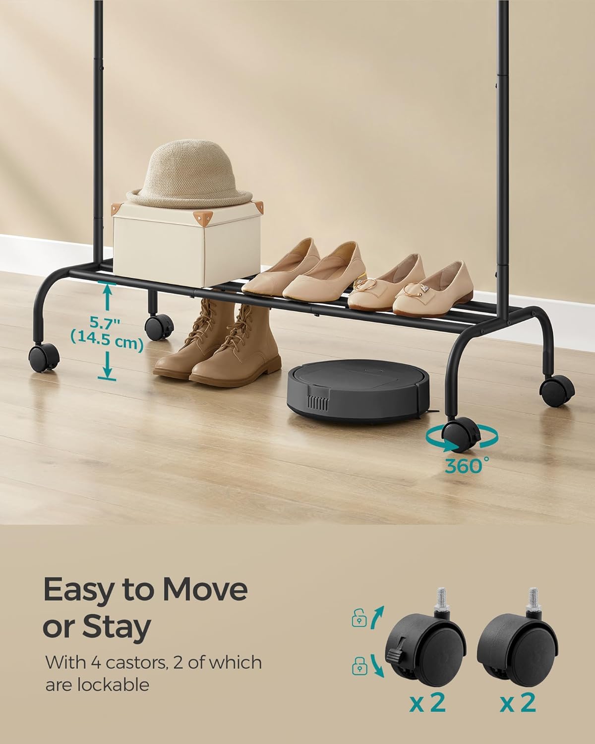 SONGMICS Suport haine metalic cu roti si raft inferior, stil industrial, 103x41x155 cm, negru - imagine 5