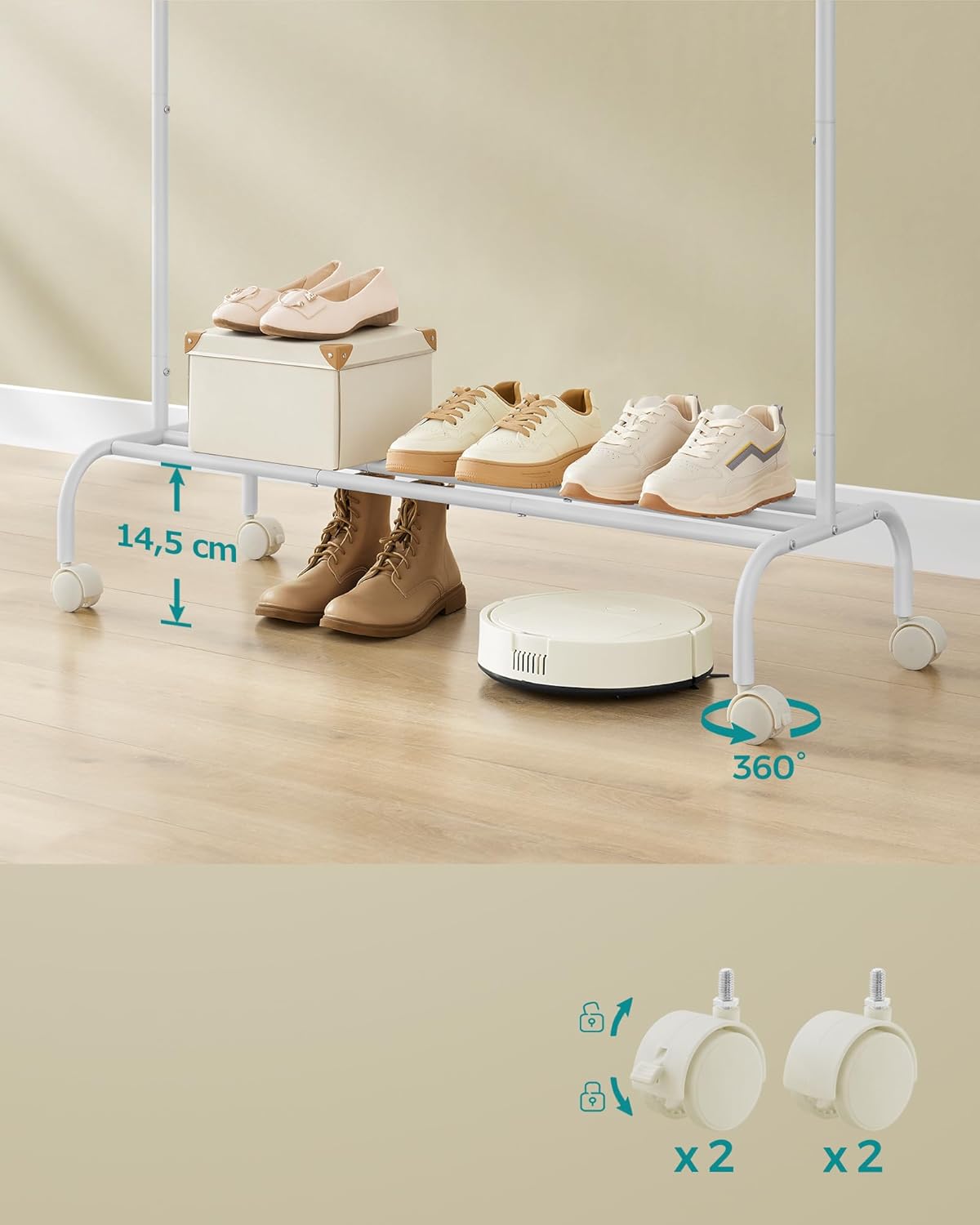 SONGMICS Suport haine metalic cu roti si raft inferior, stil industrial, 103x41x155 cm, alb - imagine 6