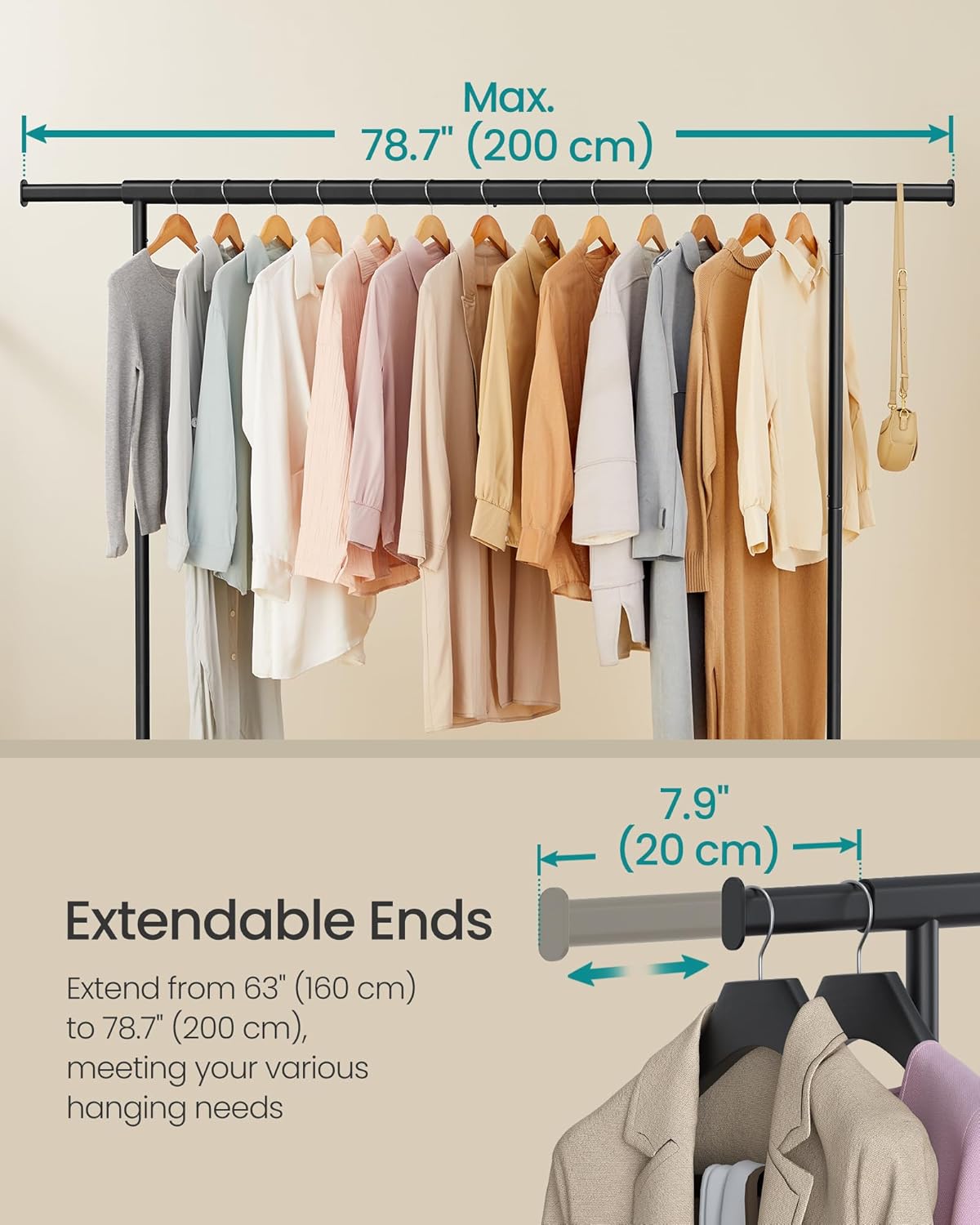 SONGMICS Suport haine cu roti, bara extensibila pentru umerase, structura metalica sarcina mare, 45x160-200x163 cm, negru - imagine 3