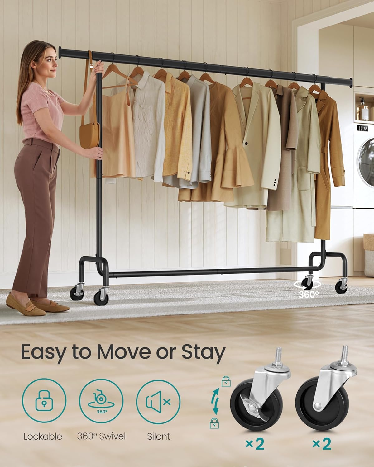 SONGMICS Suport haine cu roti, bara extensibila pentru umerase, structura metalica sarcina mare, 45x160-200x163 cm, negru - imagine 6