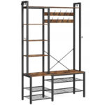 VASAGLE Cuier hol 4 in 1 cu banca, pantofar si rafturi, cadru metalic, stil industrial, 40x120x190 cm, maro rustic