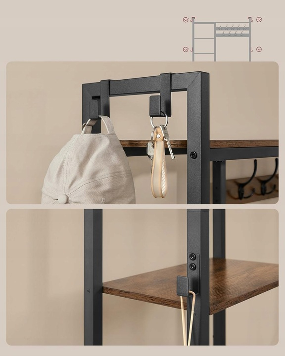 VASAGLE Cuier hol 4 in 1 cu banca, pantofar si rafturi, cadru metalic, stil industrial, 40x120x190 cm, maro rustic - imagine 6