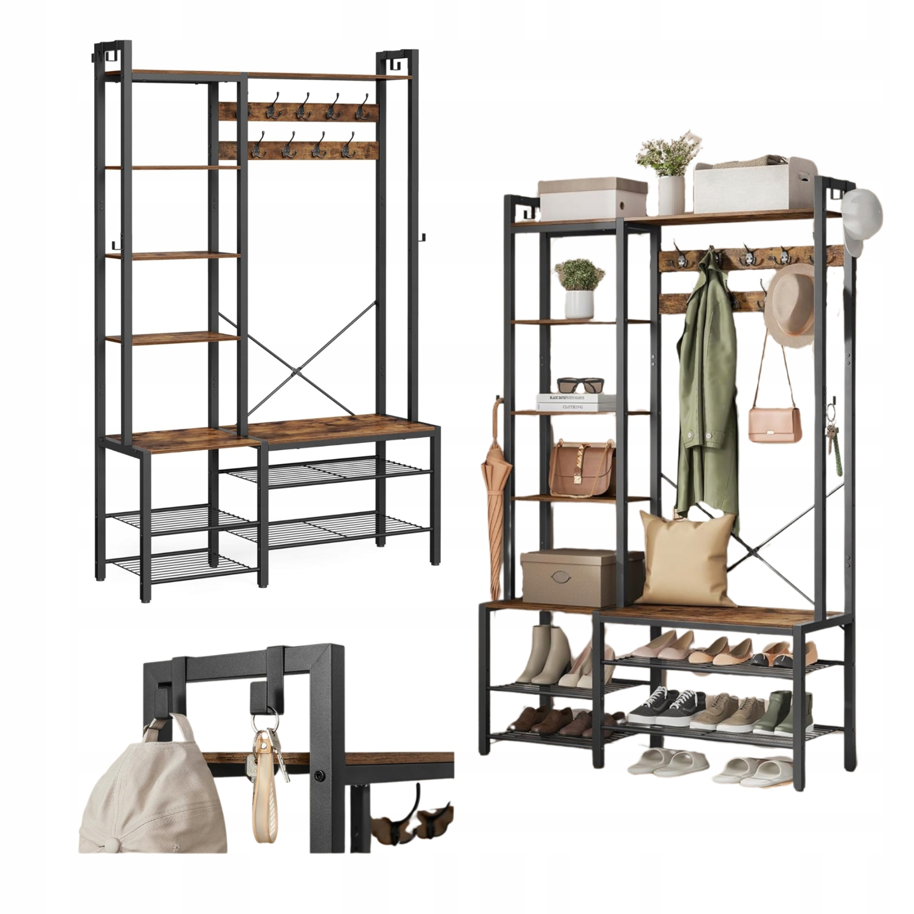 VASAGLE Cuier hol 4 in 1 cu banca, pantofar si rafturi, cadru metalic, stil industrial, 40x120x190 cm, maro rustic - imagine 8