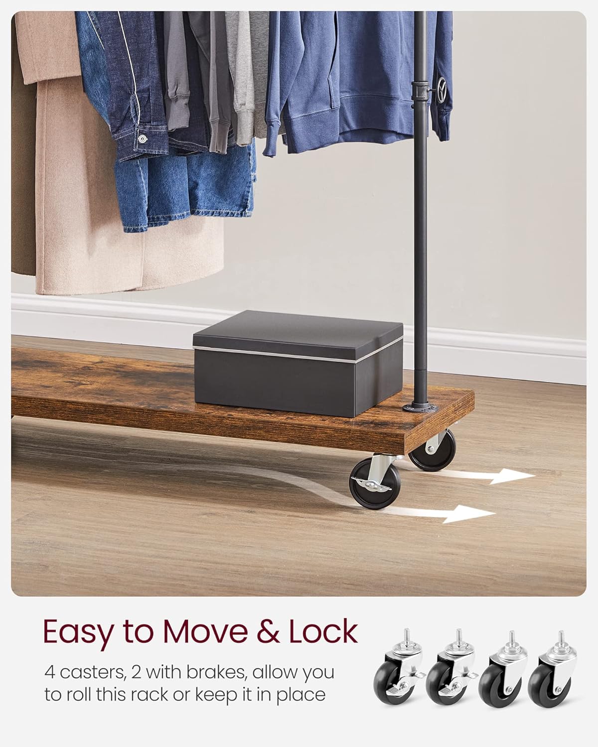 VASAGLE Suport haine cu bara metalica si raft inferior, cadru metalic si PAL, stil industrial, 104x40x162 cm, maro rustic si negru - imagine 4